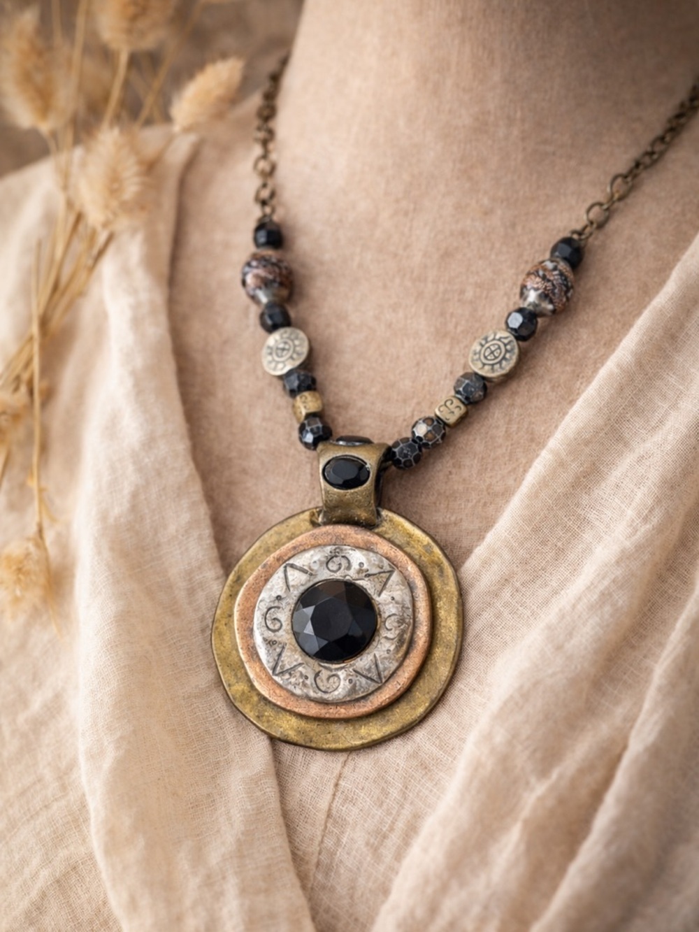 Boho Artisan Mixed Metal Pendant Necklace Black Stone Statement Chico’s